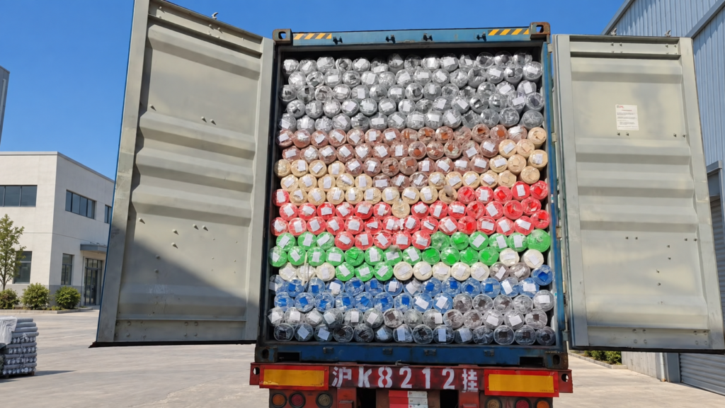 Color-sorted wrapped material rolls in a fully loaded container