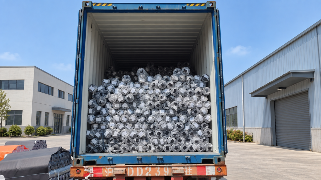 Wrapped rolls stacked in a blue container for dispatch