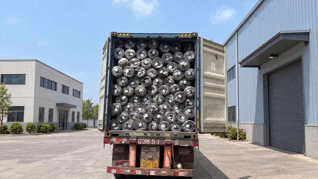 A container loaded with dark material rolls outside the warehouse
