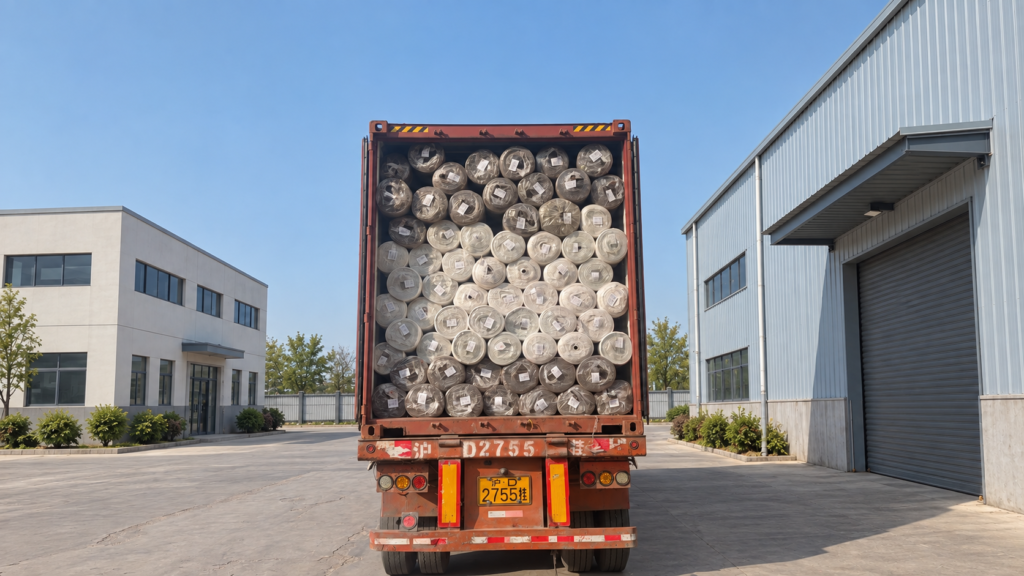 Wrapped light and dark material rolls ready for dispatch