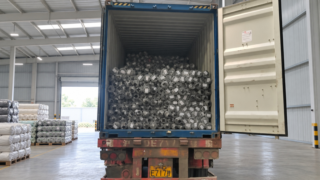 Wrapped material rolls loaded in a container inside the warehouse