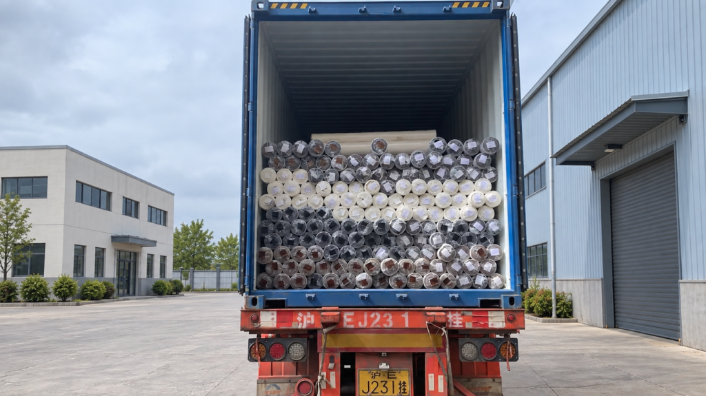 Mixed-color material rolls loaded in a blue shipping container