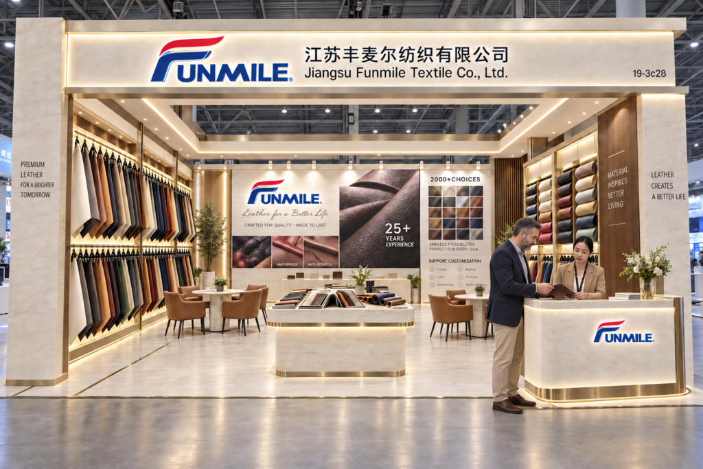 Funmile exhibition booth with warm-toned displays of synthetic leather samples