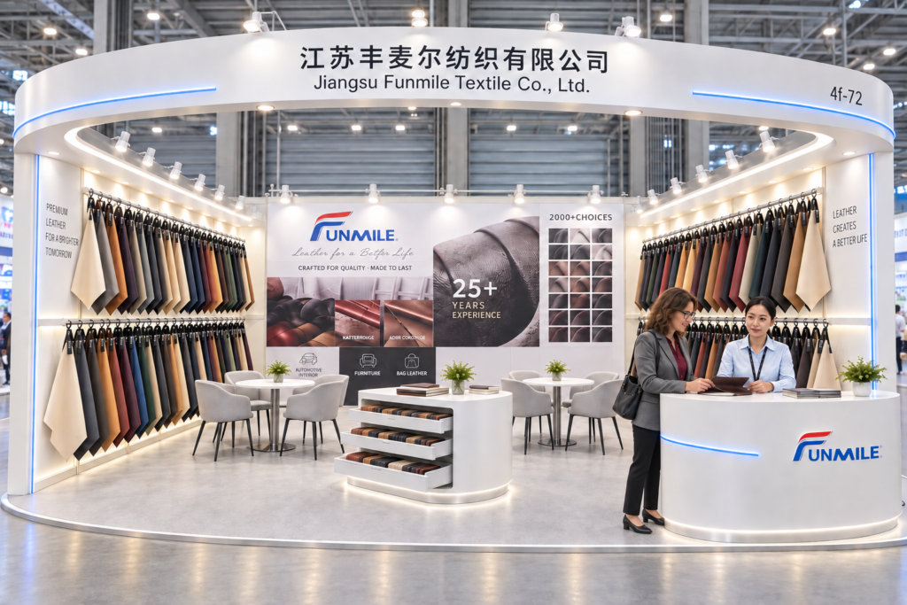 Funmile curved exhibition booth with hanging material samples and a reception counter