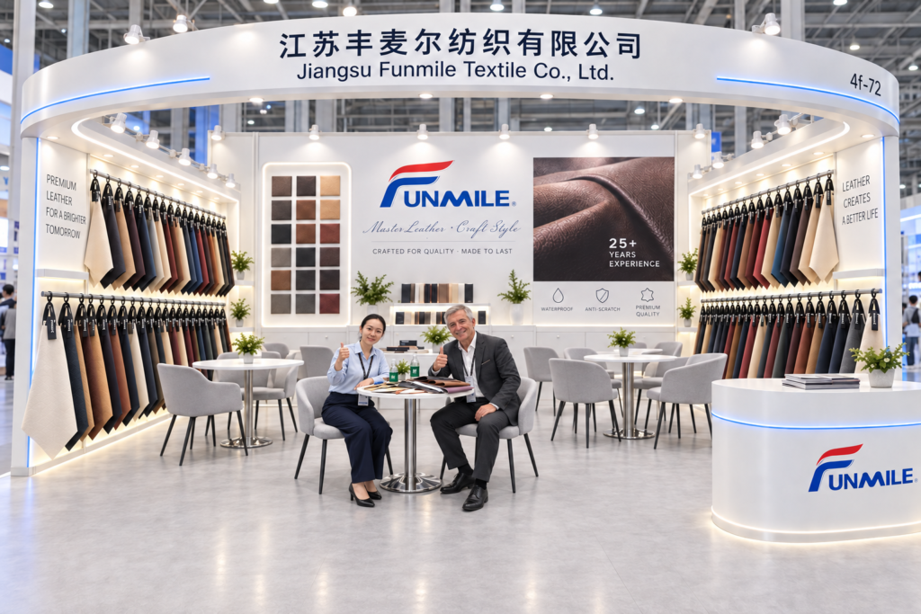 Funmile exhibition booth with leather sample displays and a meeting area