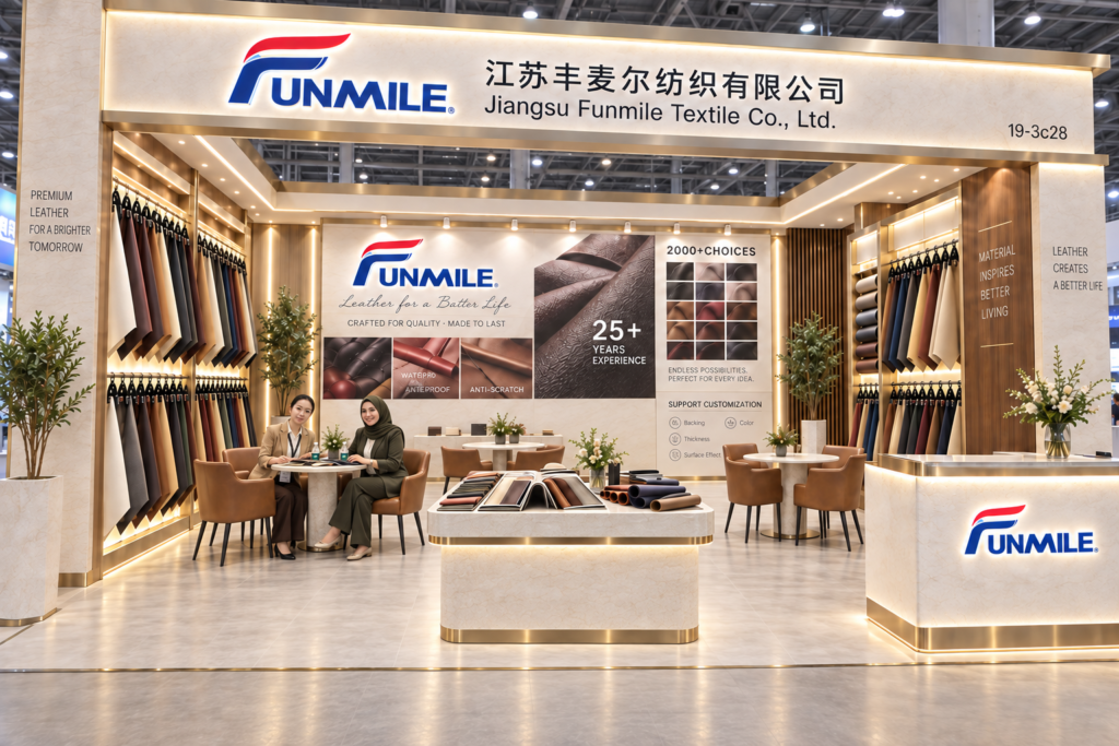 Funmile warm-toned exhibition display with material samples and seating