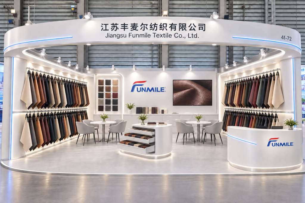 Funmile exhibition booth showing leather samples and consultation seating