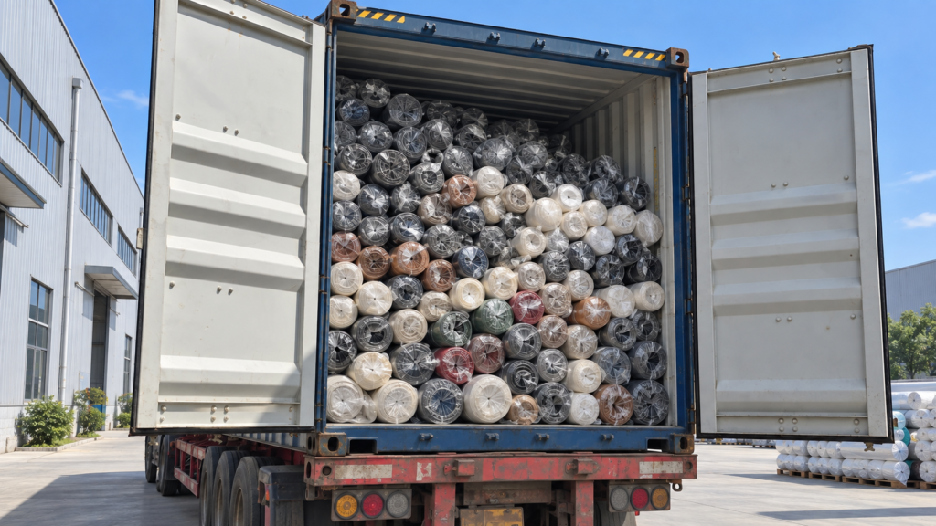 Wrapped material rolls in a loaded container outside an industrial warehouse